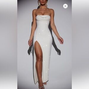 LA ROCHETTE Worn once!
Embellished Bandeau Cowl Neck Maxi Dress in Ivory